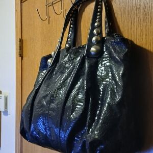 Kate Landry Black Faux Python Large Tote Handbag Silver Stud Hardware